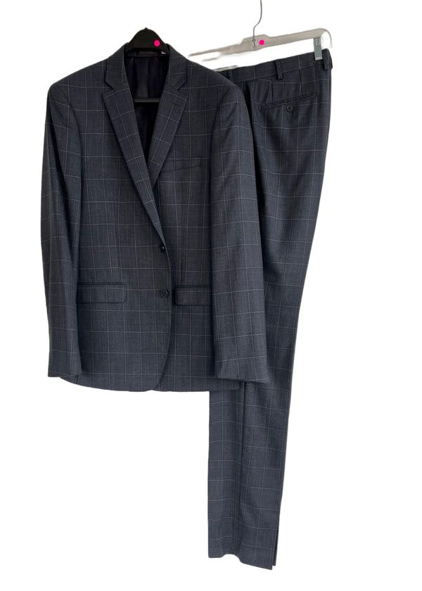 CALVIN KLEIN greyish navy check 'slim fit w/ stretch' wool 2 button suit, 42L