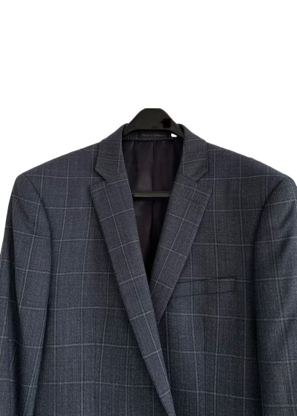 CALVIN KLEIN greyish navy check 'slim fit w/ stretch' wool 2 button suit, 42L