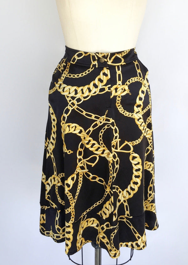 VALENTINO VINTAGE Women's black satin silk w/ yellow chain pattern, 10