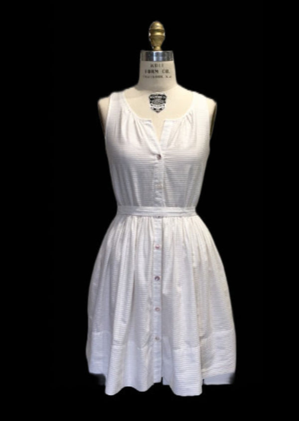 GAP Women's white stripe cotton sleeveless button up flare dress w/ sash, 0