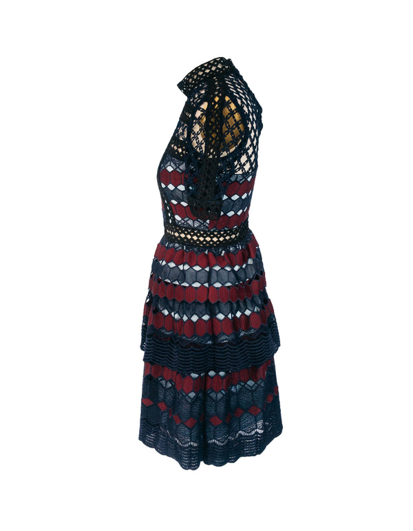 SELF PORTRAIT Women's burgundy/navy Guipure hexagon lace mini dress, 4