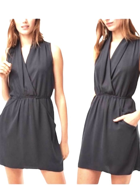 WILFRED Women's grey sleeveless shawl collar dress w/ adjustable waist, L