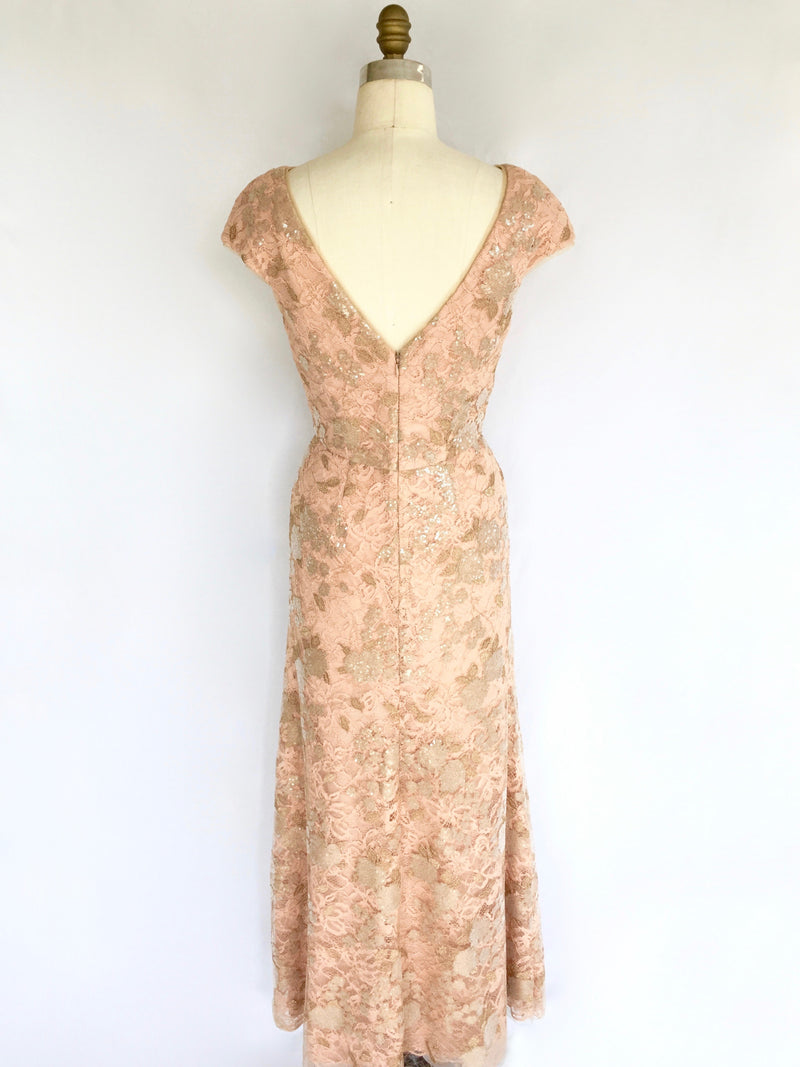 VERA WANG blush lace & gold sequin cap sleeve evening gown, 6