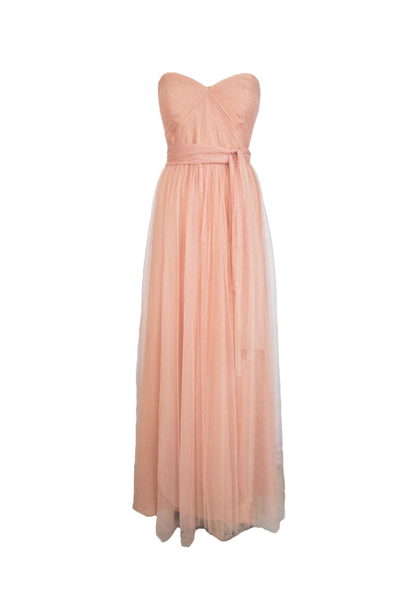 JENNY YOO soft pink tulle shirred strapless gown w/ sweetheart neckline & detachable sash, 12