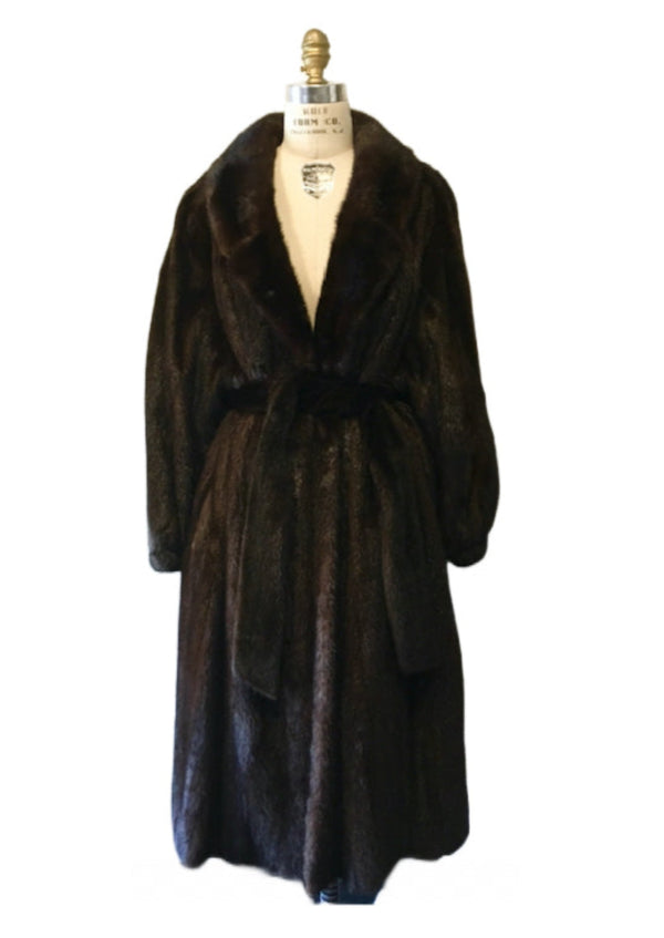 TOP FURS VINTAGE Women's brown mink fur long robe style coat w/ sash, M/L
