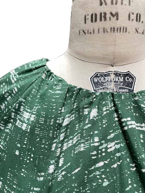 COS Women's green & white cotton cross hatch print sack dress w/ 3/4 length lantern sleeves, 4