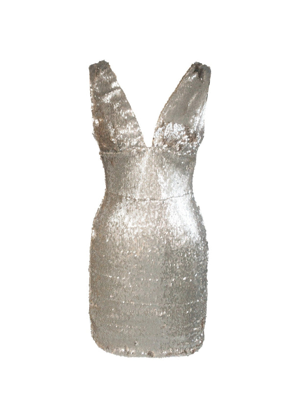 ZARA Women's silver sequin body con deep v-neckline sleeveless mini dress, S