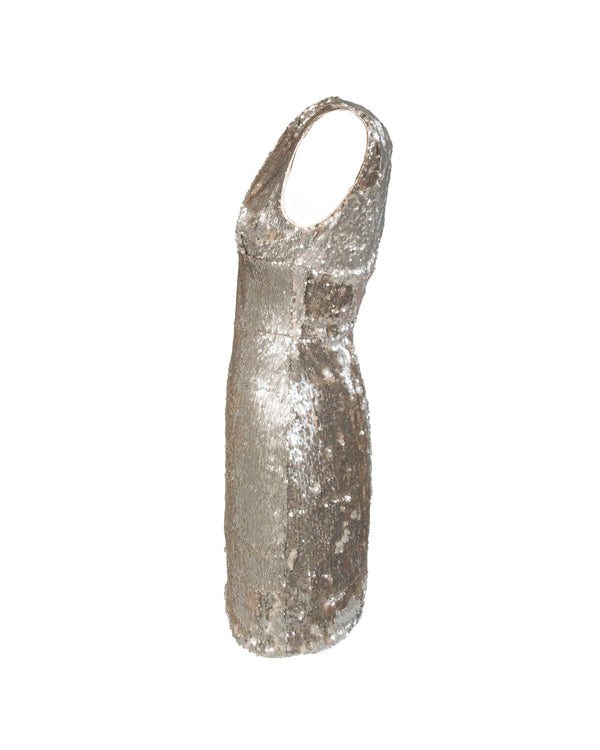 ZARA Women's silver sequin body con deep v-neckline sleeveless mini dress, S