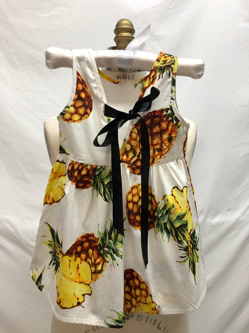 DRESS Girls pineapple print sundress w/ black satin ribbon on back, 3T