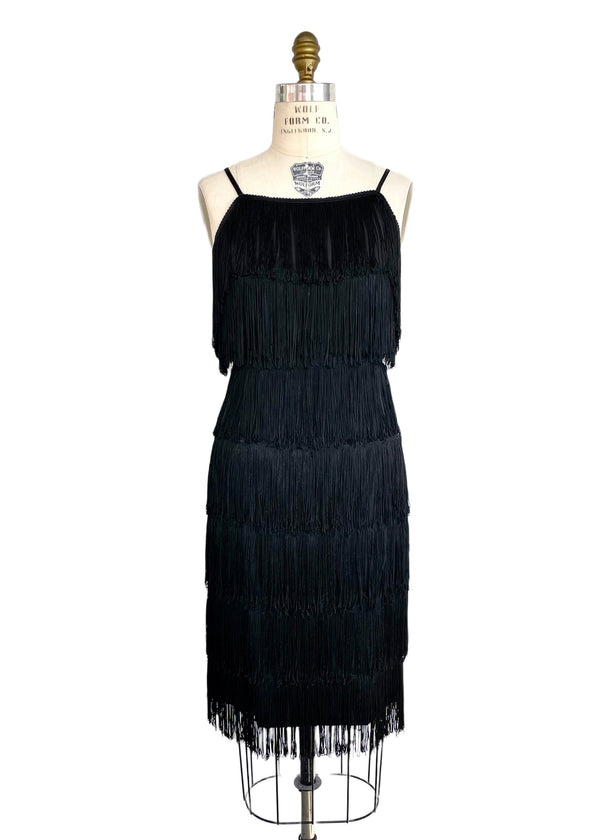 CHAPS VINTAGE Women's black multi fringe spaghetti strap flapper dress, 10