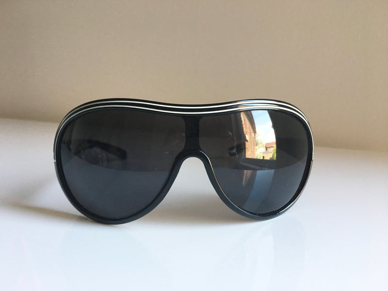 SUNGLASSES retro inspired black shield sunglasses w/ white stripes