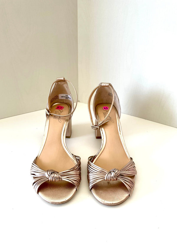 JEWEL BADGLEY MISCHKA rose gold block heel sandal with ankle strap 2.5", 6.5