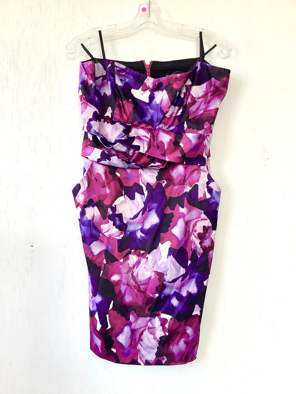LE CHATEAU women’s purple/plum/lavender dress strapless satin floral print w/ pockets