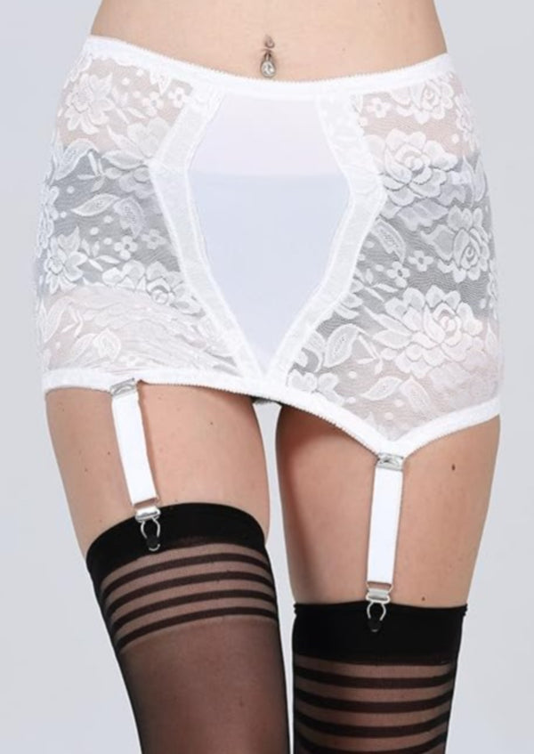 TVRtyle Women's white lace garter belt w/ vintage metal clips, S