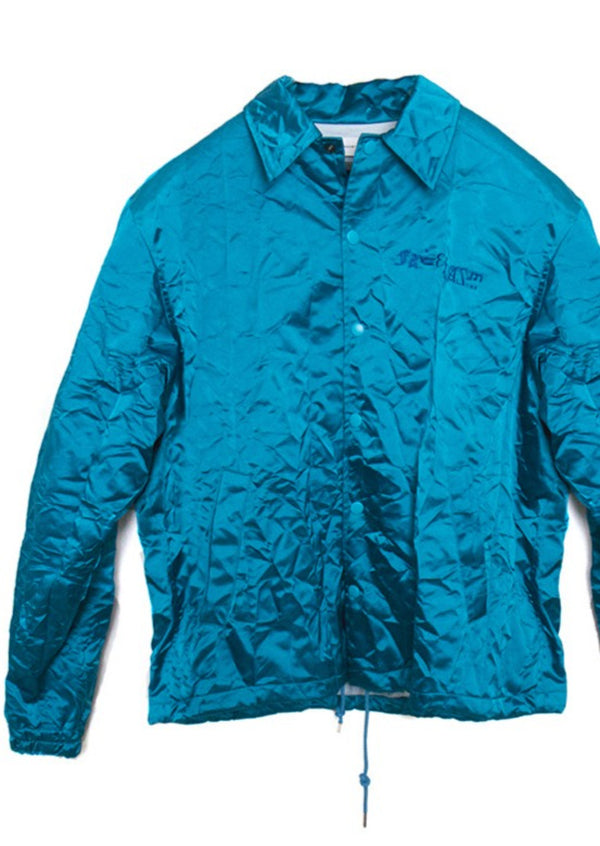 FACETASM Mens turquoise metallic crinkle satin varsity jacket, L