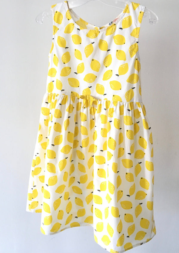 H&M Girls white & yellow cotton lemon print sleeveless sundress, 7/8