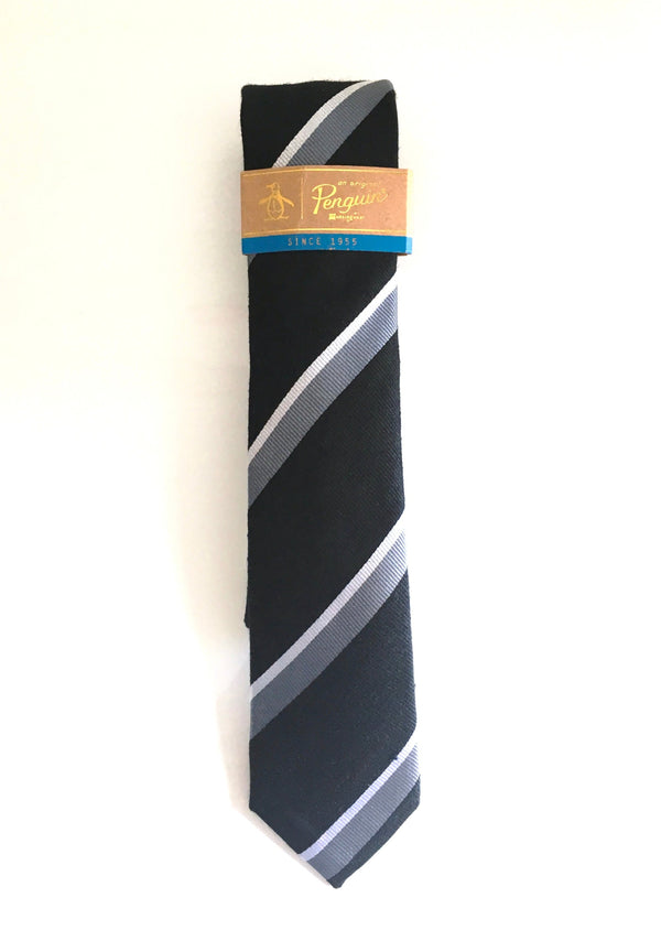 PENGUIN Black skinny 2.25" silk rep tie with grey and white stripes
