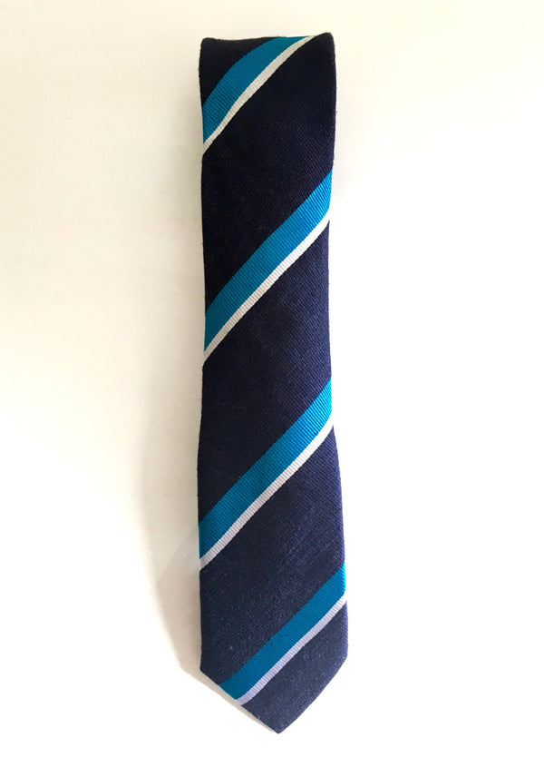PENGUIN Navy skinny 2.25" wide silk rep tie with blue and white stripes