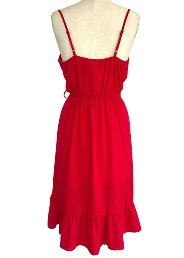 MONTEAU Women's red crepe faux wrap ruffle dress, L