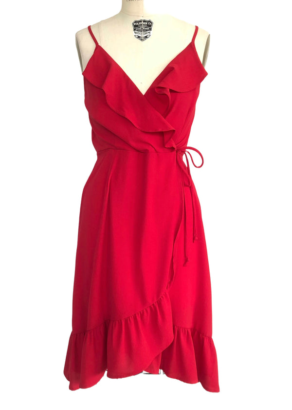 MONTEAU Women's red crepe faux wrap ruffle dress, L