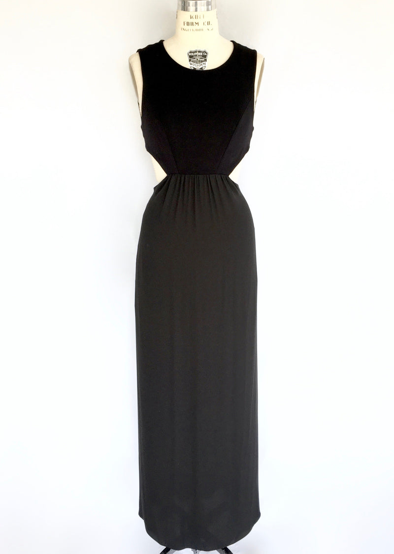 BCBG black crepe/chiffon gown w/ cutout waist and cage back, 8