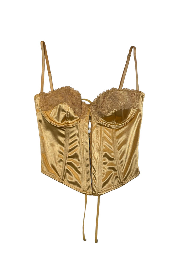 FREE PEOPLE Women's golden satin lycra boned corset w/ underwire cups & hook & eye closure, S