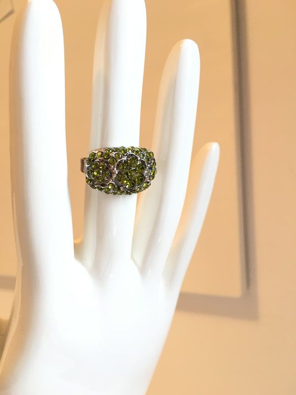 RING lime green rhinestone silver tone cocktail ring - adjustable