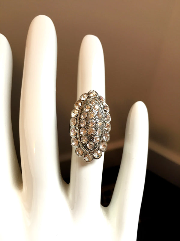 RING oval clear rhinestone cocktail ring - adjustable