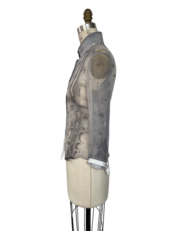 CAVALLI Women's grey silk chiffon snakeskin print blouse w/ white leather trim, 4