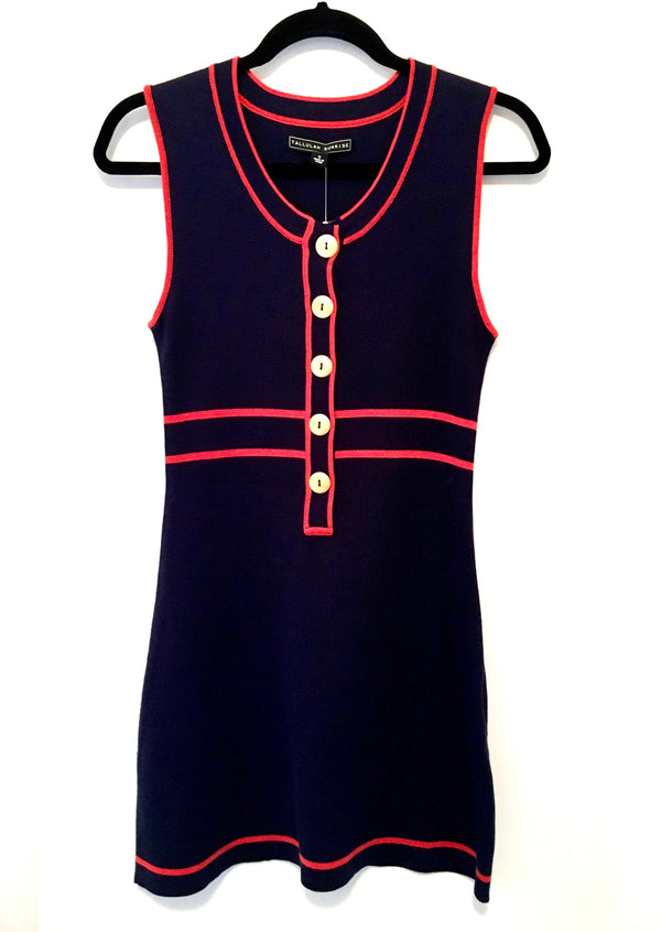 TALLULAH SUNRISE Women's navy knit sleeveless dress w/ red trim and gold buttons, S