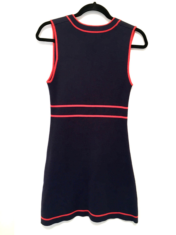 TALLULAH SUNRISE Women's navy knit sleeveless dress w/ red trim and gold buttons, S