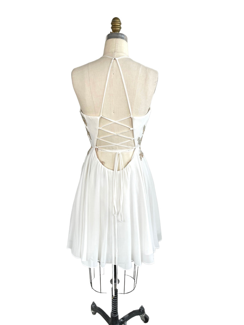 FAVIANA Women's white chiffon deep v-neck dress w/ gold/silver embroidery & lace-up back, 0 & 4
