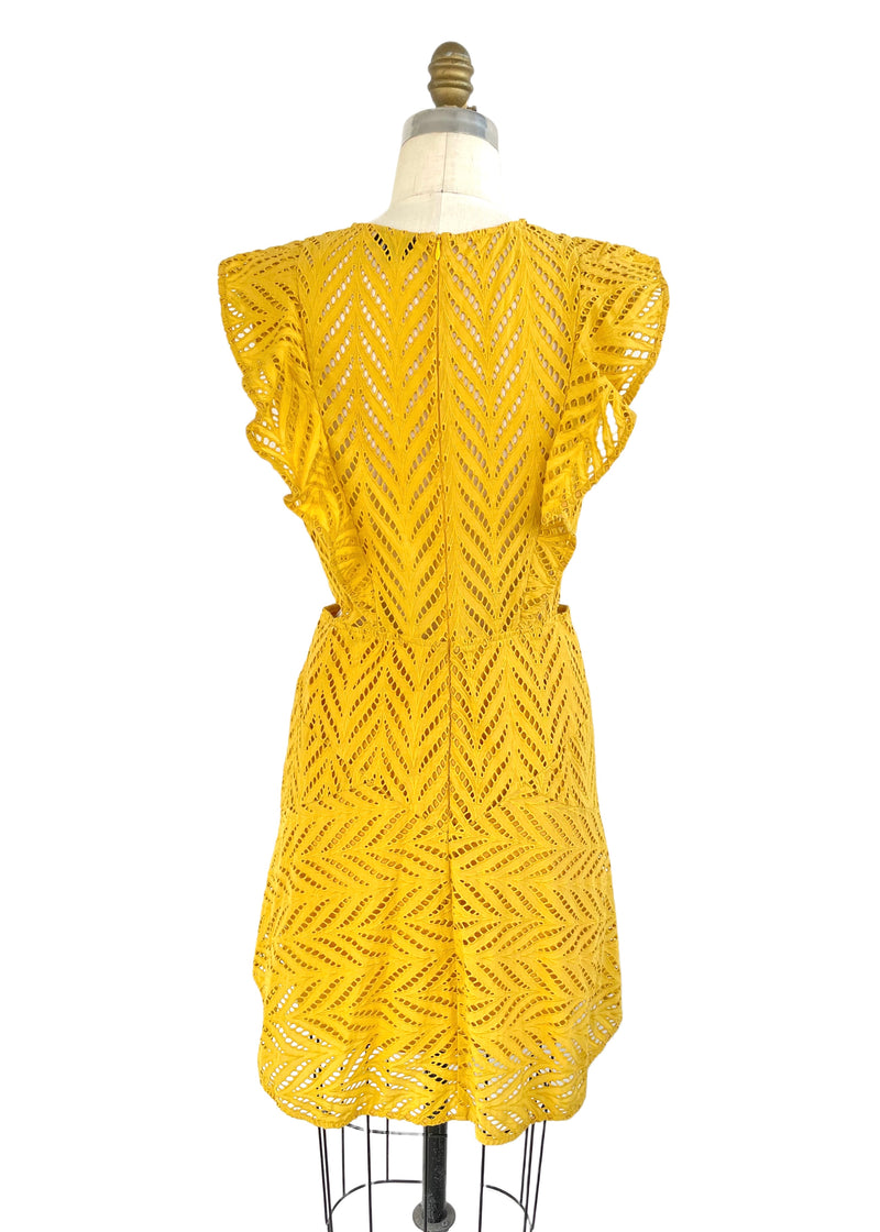 BARDOT Women's mustard cotton lace dress with cutout waist & ruffles, 10/L