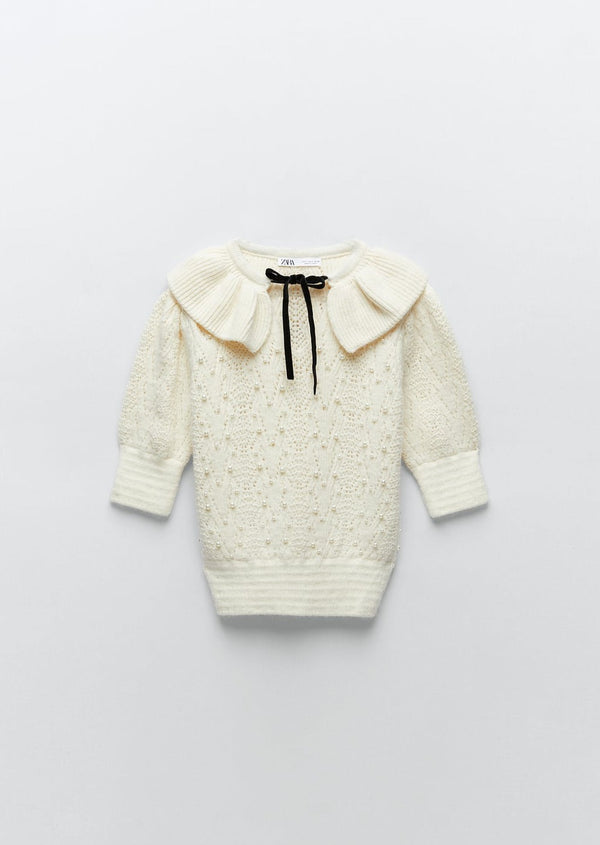ZARA Women's cream crochet short sleeve sweater w/ collar, pearls, black ribbon, M