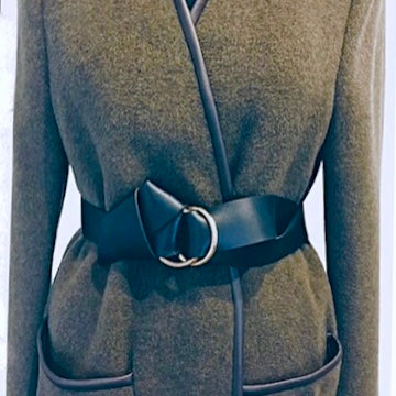 MANGO olive green long wool coat (62%) with hand pockets & brown leather piping, M