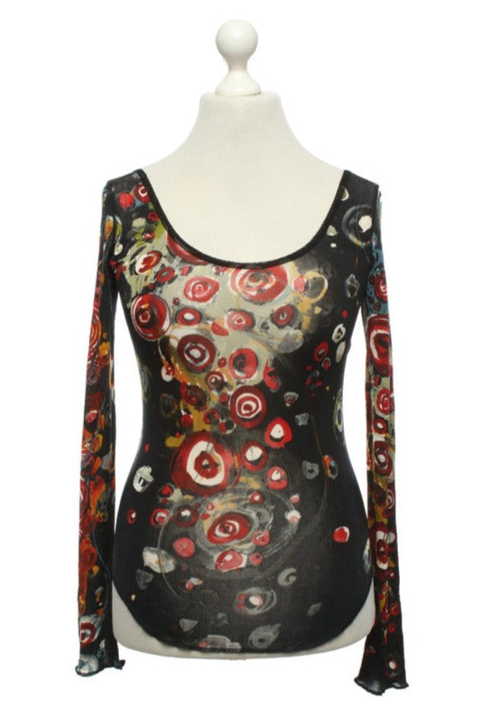 GAULTIER Womens black/red/mustard abstract rayon mesh LS top, M