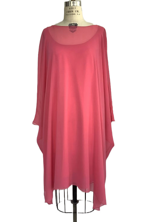 FRASCARA Women's 2 pc coral pink chiffon caftan over jersey tank calf length cocktail dress, 8
