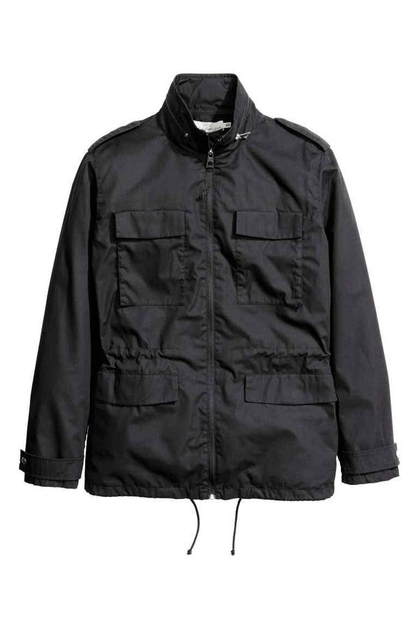 H&M Mens black cotton 4 pocket epaulette jacket w/ drawstring waist, S