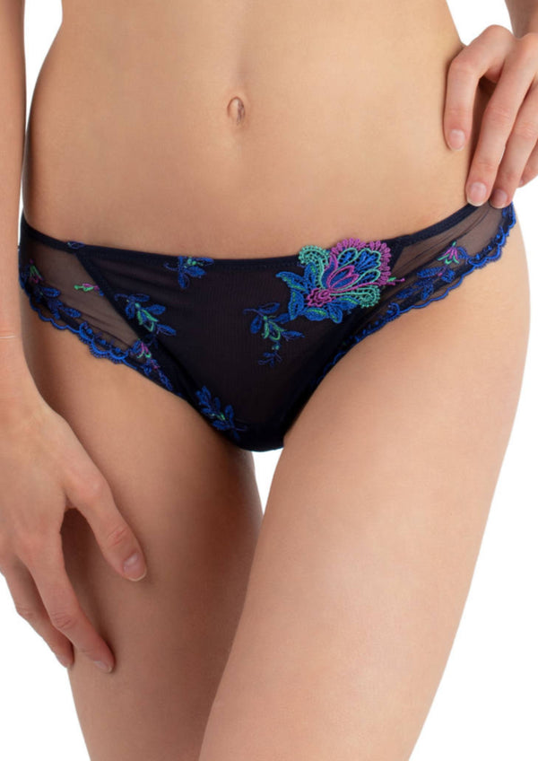 LISE CHARMEL black mesh with blue/purple/green embroidery "Foret Lumiere" thong, M