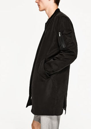 ZARA Mens black nylon long bomber-style jacket, L