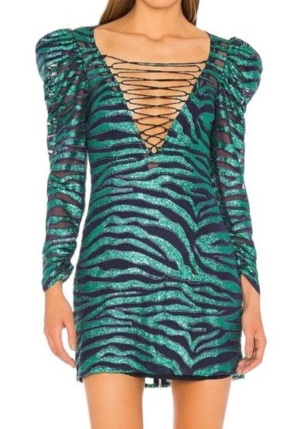 FOR LOVE & LEMONS navy / green sequin "Vixen Tiger" lace-up back mini dress, S