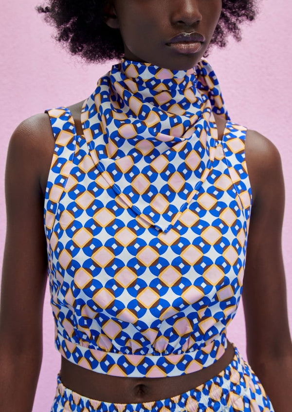 ZARA Women's geo print halter top w/ wide straps, back strap closure & matching scarf, M