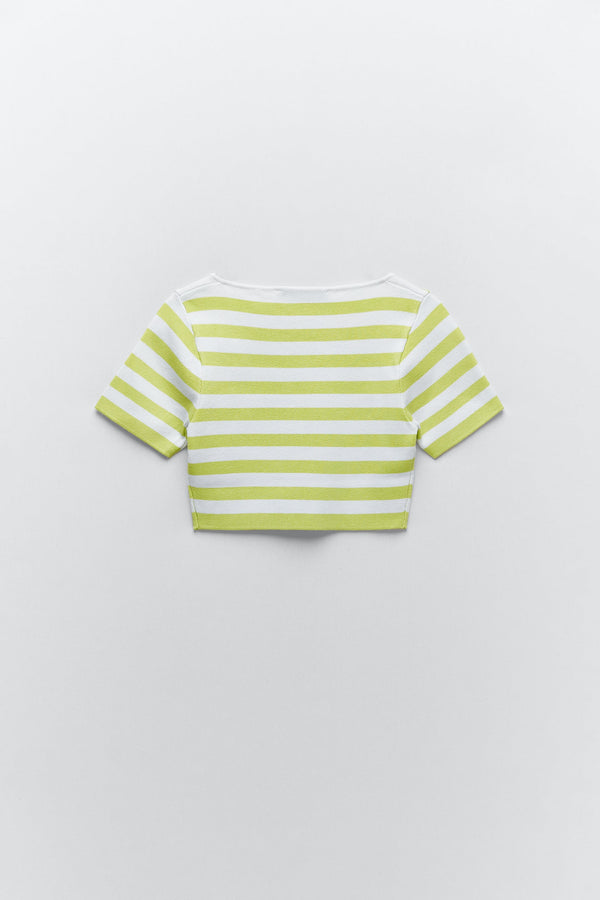 ZARA Women's neon green/white stripe knit short sleeve crop top squared neckline, M