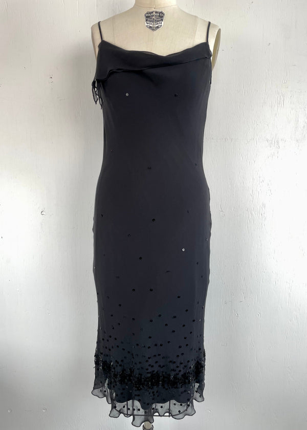 SUSAN ANGELOZZI black bias cut silk chiffon slip dress w/ sequins, S