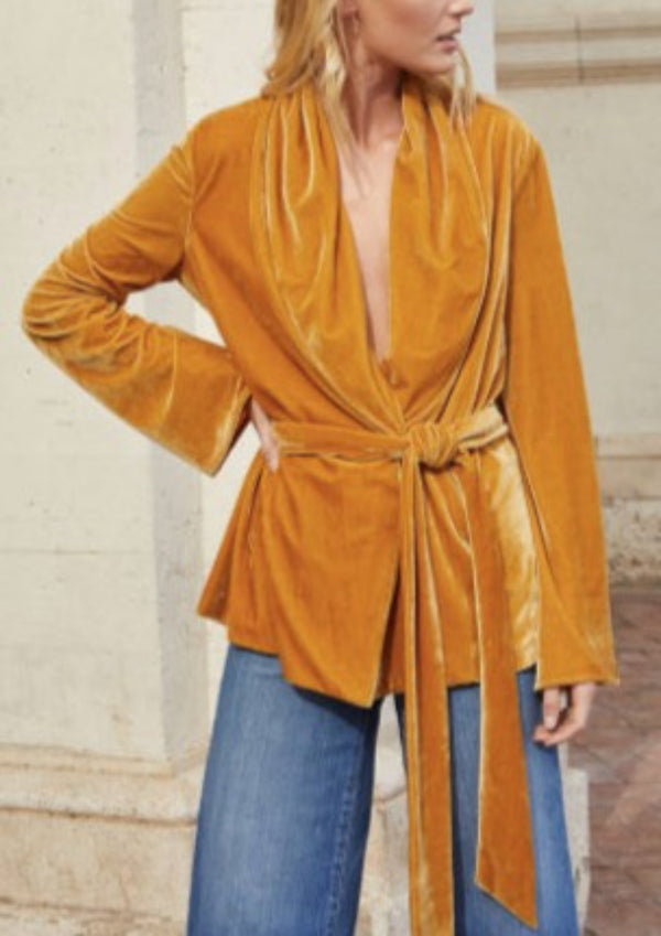 THE JETSET DIARIES women's ochre velvet "Golden Hour Robe" with belt, L