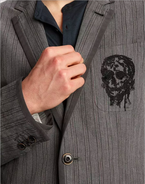 JOHN VARVATOS Mens grey cotton stripe varsity blazer with skull embroidery on chest pocket, 44R