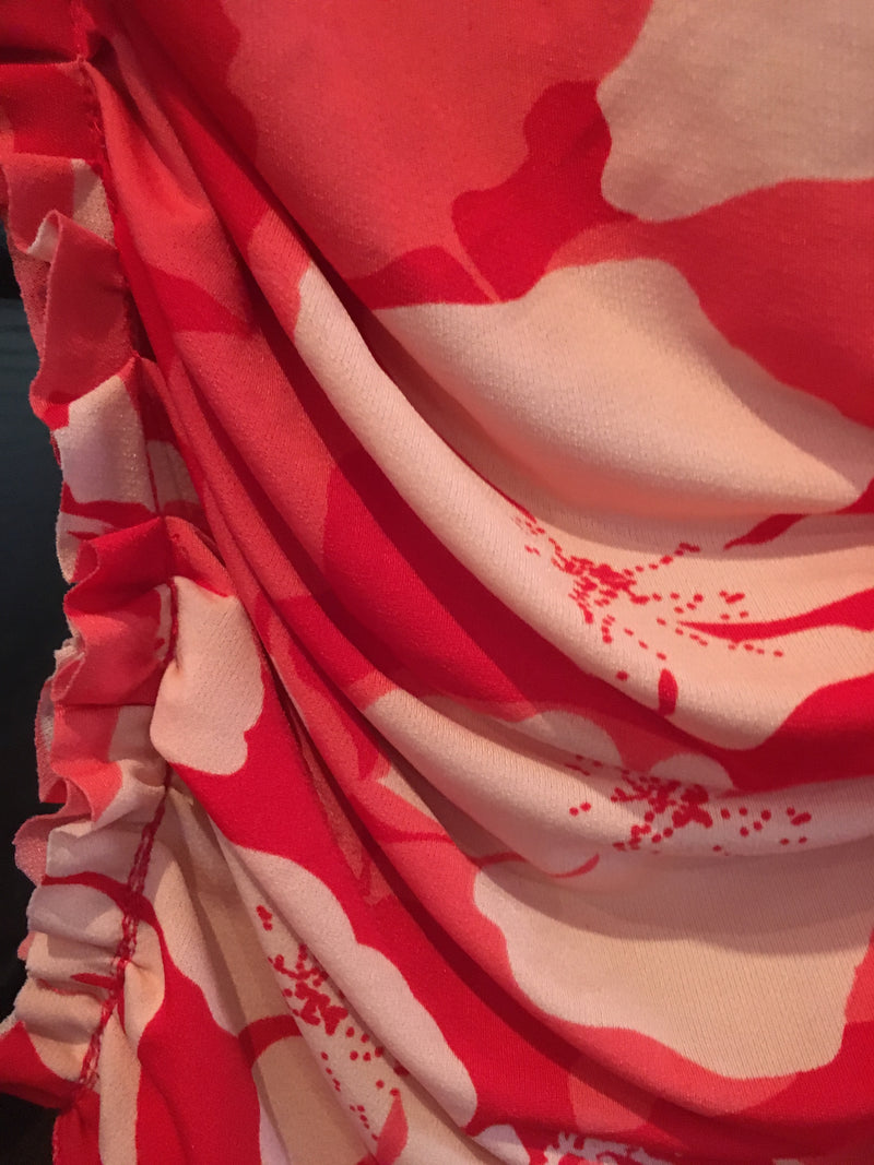 MOHAWK Y2K Women's red floral stretch crepe shirred asymmetrical kimono top, S