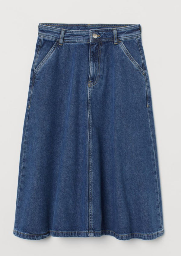 H&M Women's washed denim A-line midi skirt w/ diagonal side pockets, 4