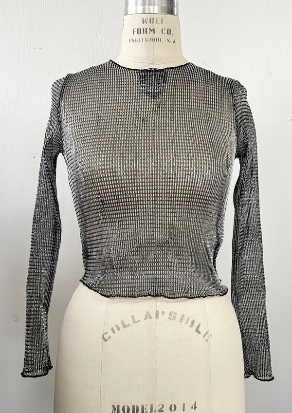 TOPSHOP women's silver metallic stretch mesh long sleeve crewneck top, 2