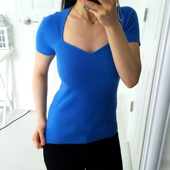 HALOGEN Women’s cobalt blue sweetheart neckline short sleeve rib knit top, XS